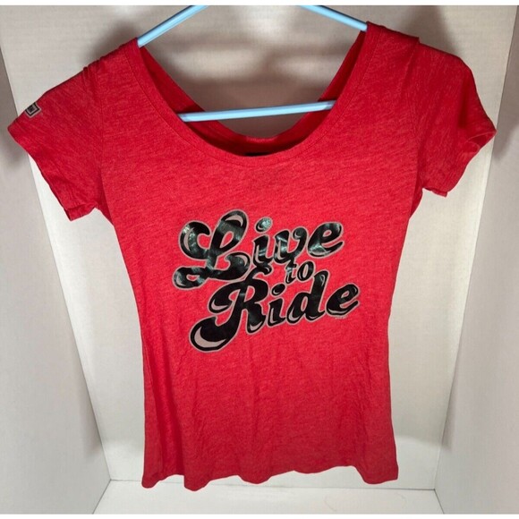 Harley Davidson Top Womens Short Sleeve Red Scoop Neck Live To Ride T-Shirt - Picture 1 of 5
